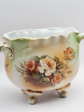 Antique RS Prussia Red Mark Footed Handled Cachepot Floral 9.25"